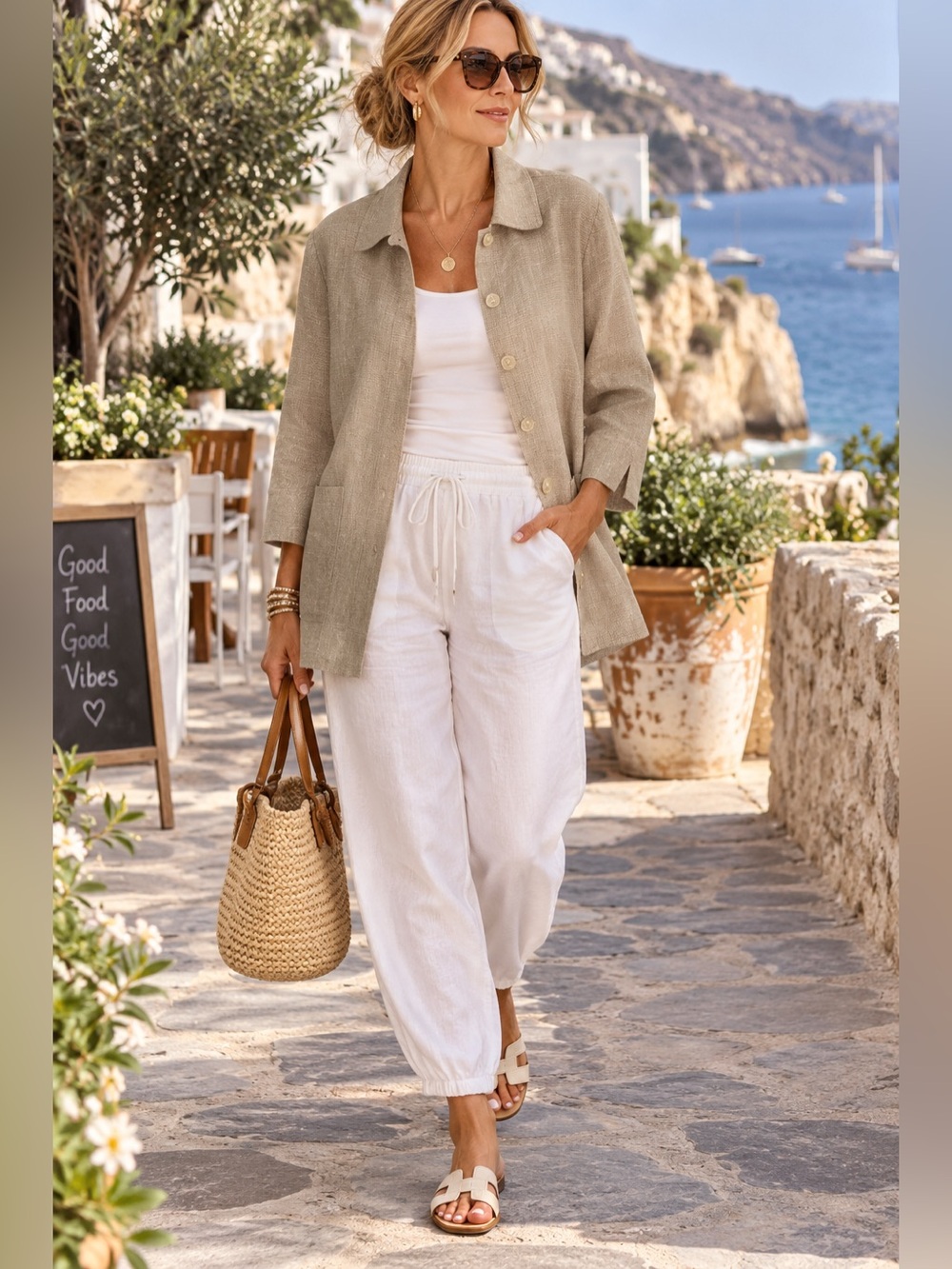 Women's Linen-Blend Beige Button Front Jacket by Ellen Margaret Moody